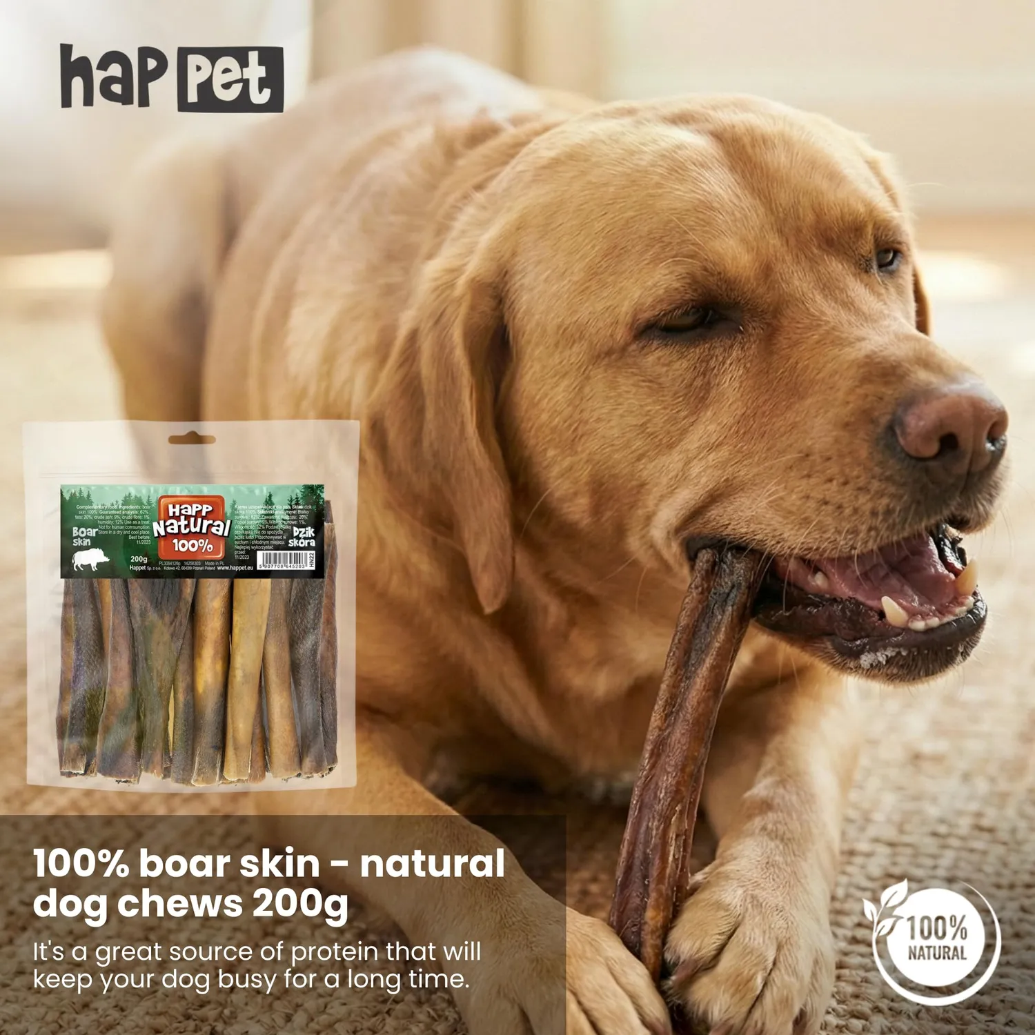 Happet Wildschweinhaut Kausnack Hund 200 g proteinreich