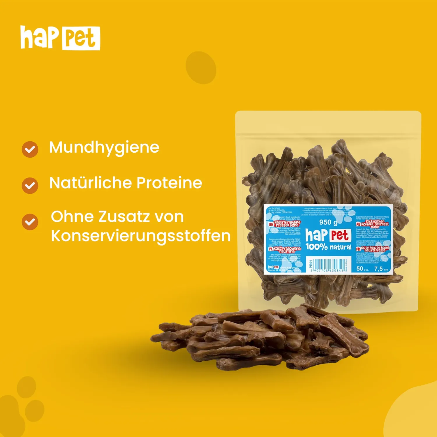 Happet Pressknochen Kauknochen 7,5 cm 50 Stück Rind