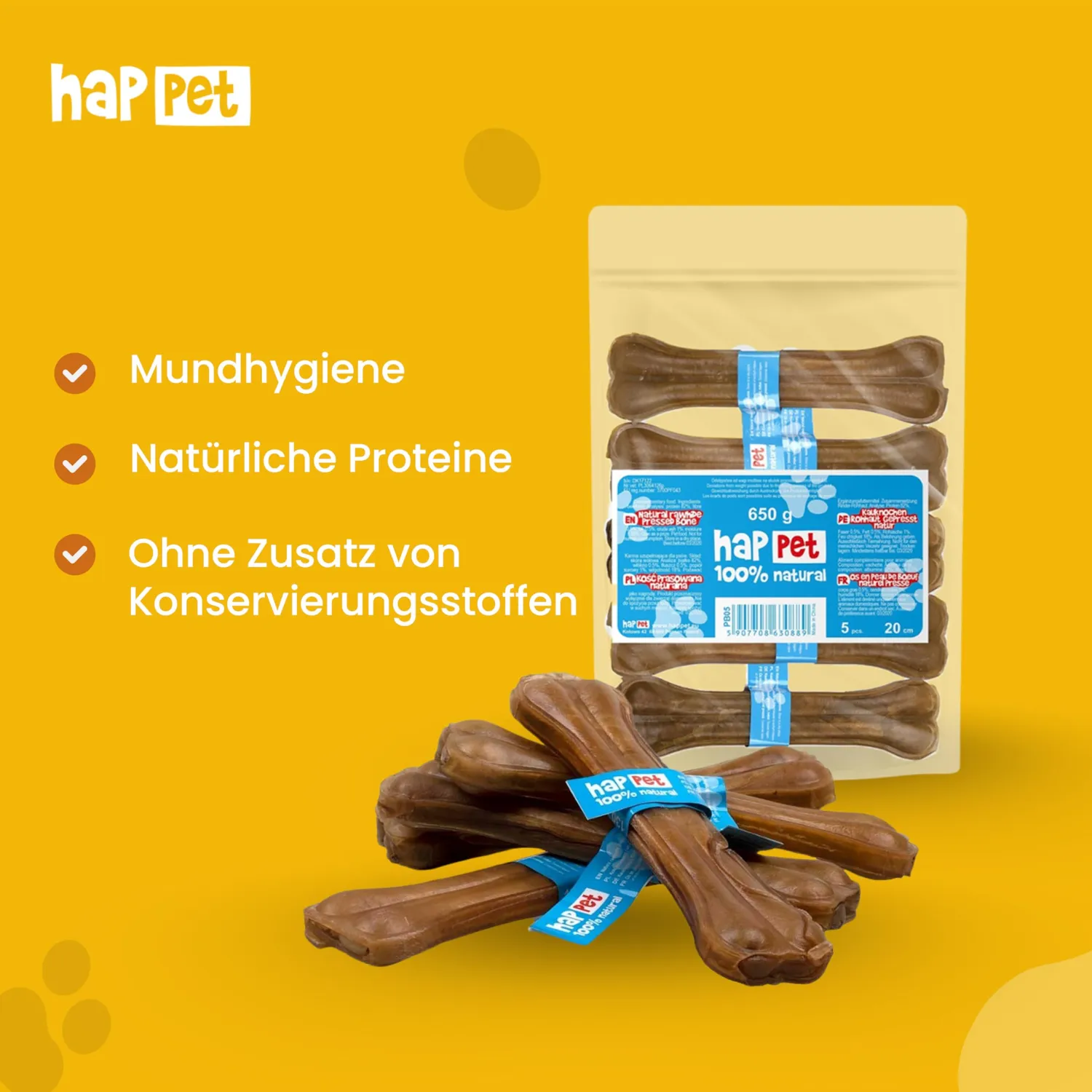 Happet Pressknochen Kauknochen 20 cm 5 Stück proteinreich