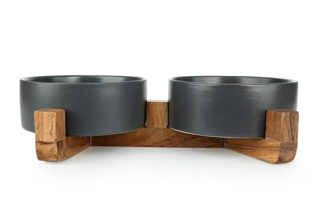 Happet Doppelnapf Keramik schwarz 2x15 cm Holzständer