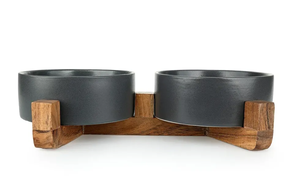 Happet Doppelnapf Keramik schwarz 2x15 cm Holzständer