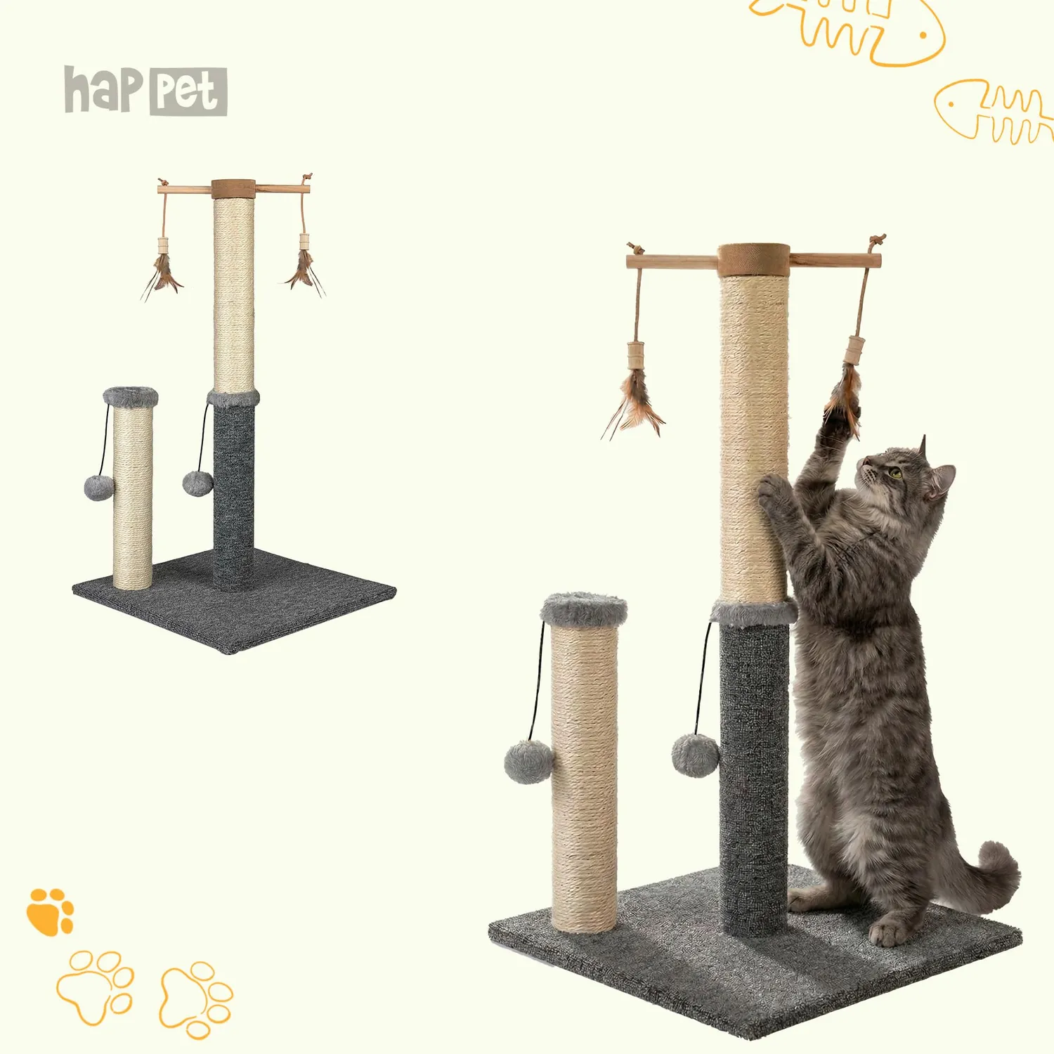 Happet Katzenkratzer 73 cm Kratzbaum 2 Sisalpfosten Federn