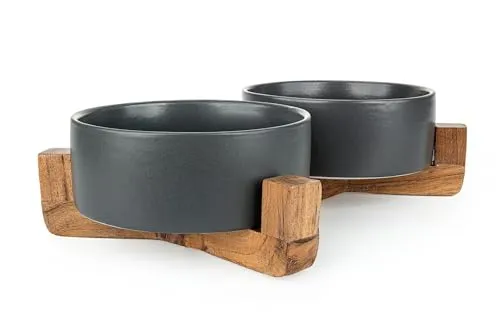 Happet Doppelnapf Keramik schwarz 2x15 cm Holzständer