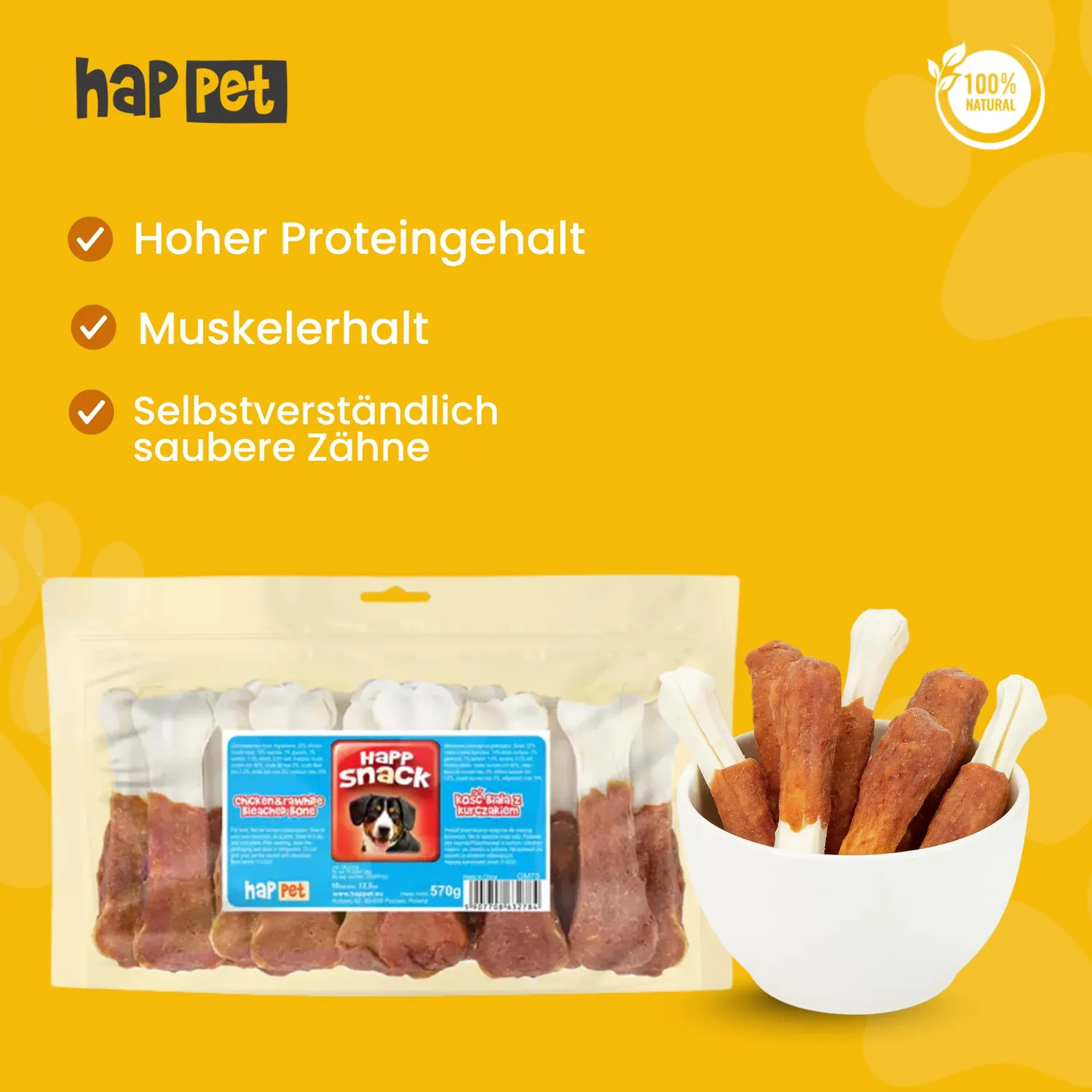 Happet Rinderhaut-Kauknochen Hähnchen 12,5 cm 10er 570 g