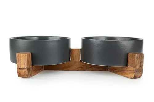 Happet Doppelnapf Keramik schwarz 2x15 cm Holzständer
