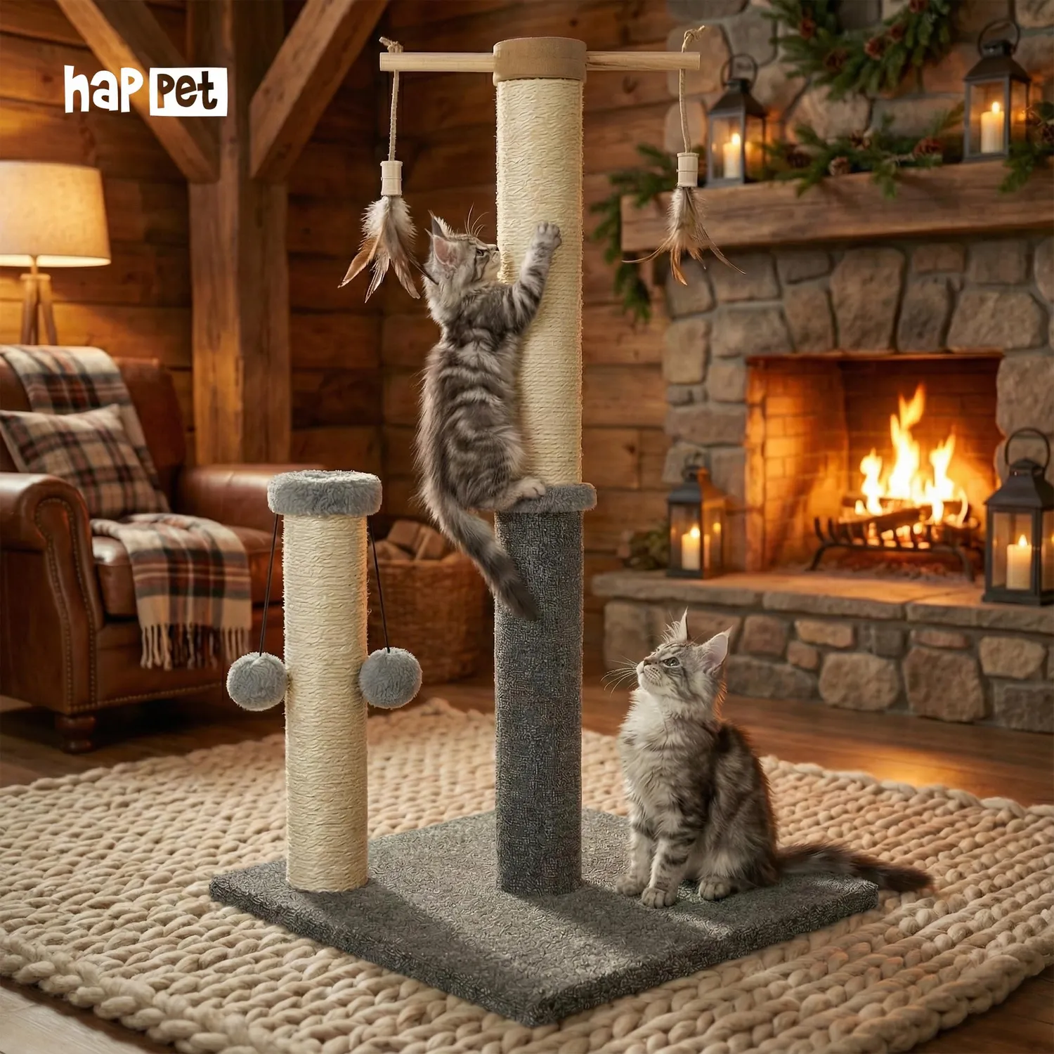 Happet Katzenkratzer 73 cm Kratzbaum 2 Sisalpfosten Federn
