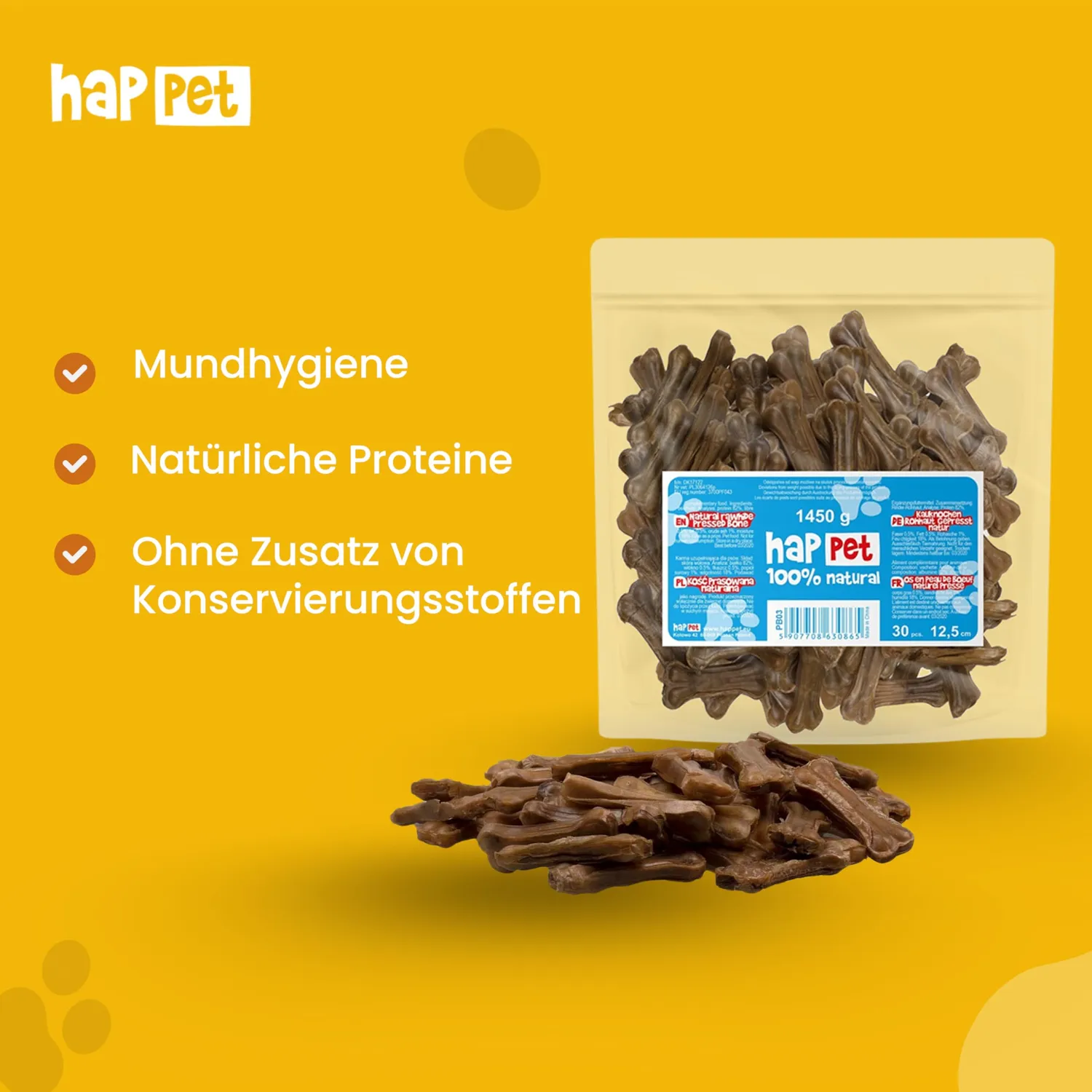 Happet Pressknochen Kauknochen 12,5 cm 30 Stück Rind