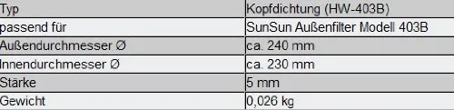 SunSun HW-403B Kopfdichtung Deckel Ersatz 240mm 6mm