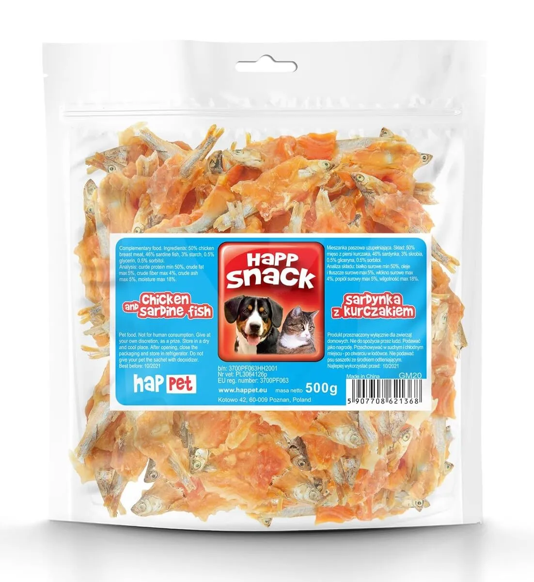 Happet Hähnchenstreifen mit Sardinen Hundesnack 500 g proteinreich