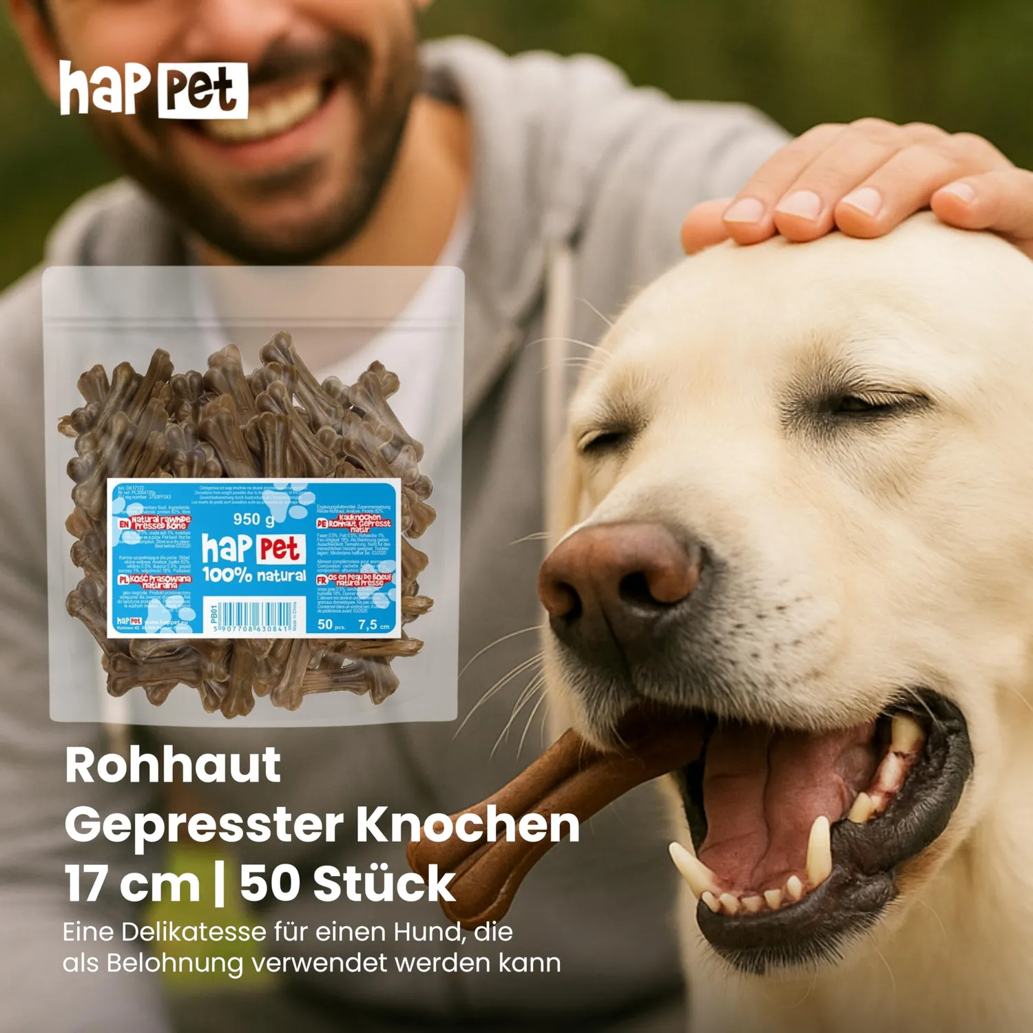 Happet Pressknochen Kauknochen 7,5 cm 50 Stück Rind
