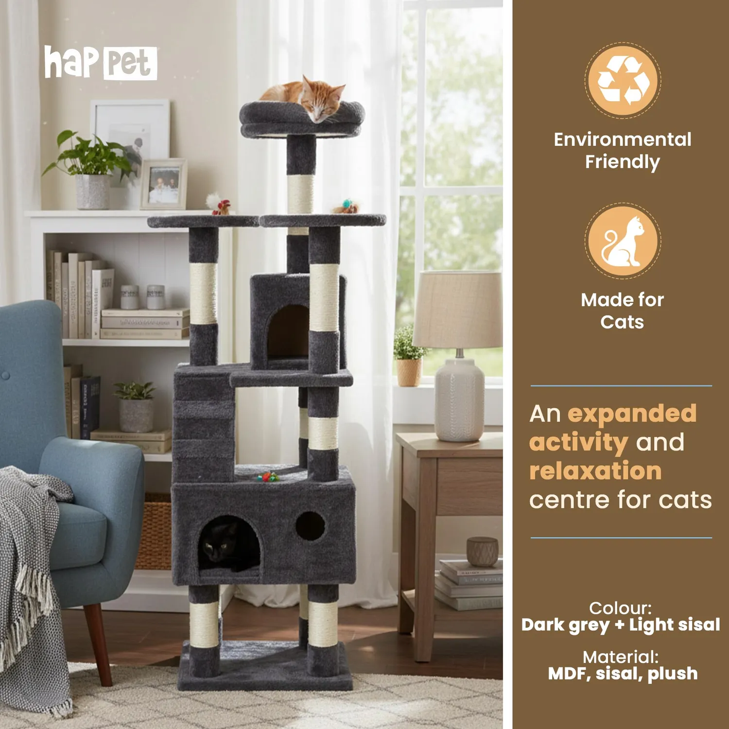 Happet Kratzbaum 76 cm Loft Hellgrau Haus Plattform Sisal