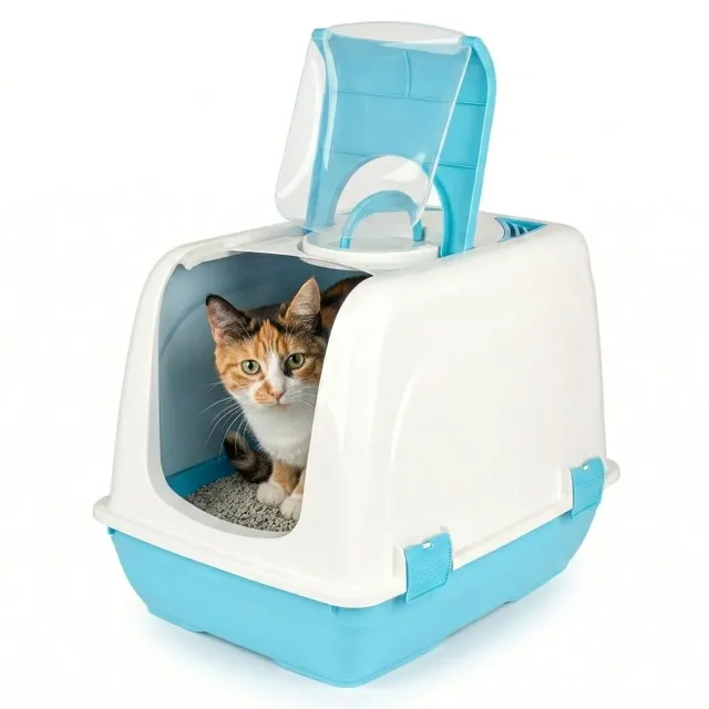 Happet Noble Katzenklo mit Haube 49,7 cm Blau-Weiß