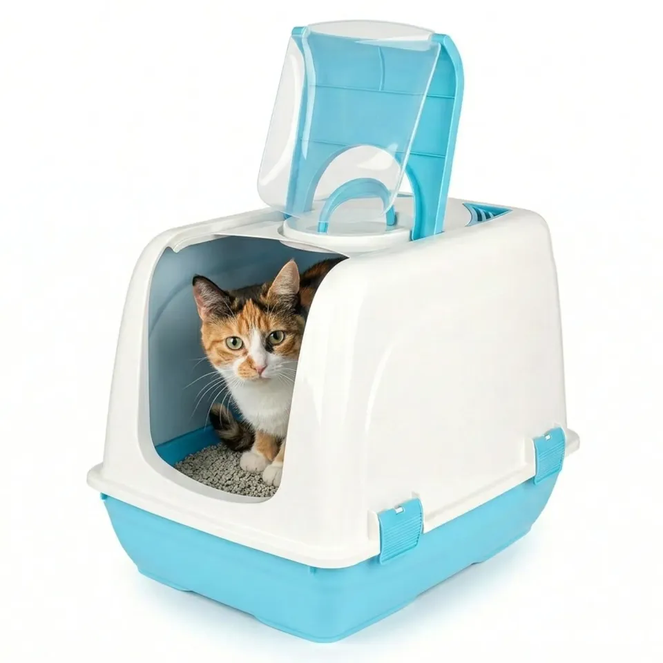 Happet Noble Katzenklo mit Haube 49,7 cm Blau-Weiß