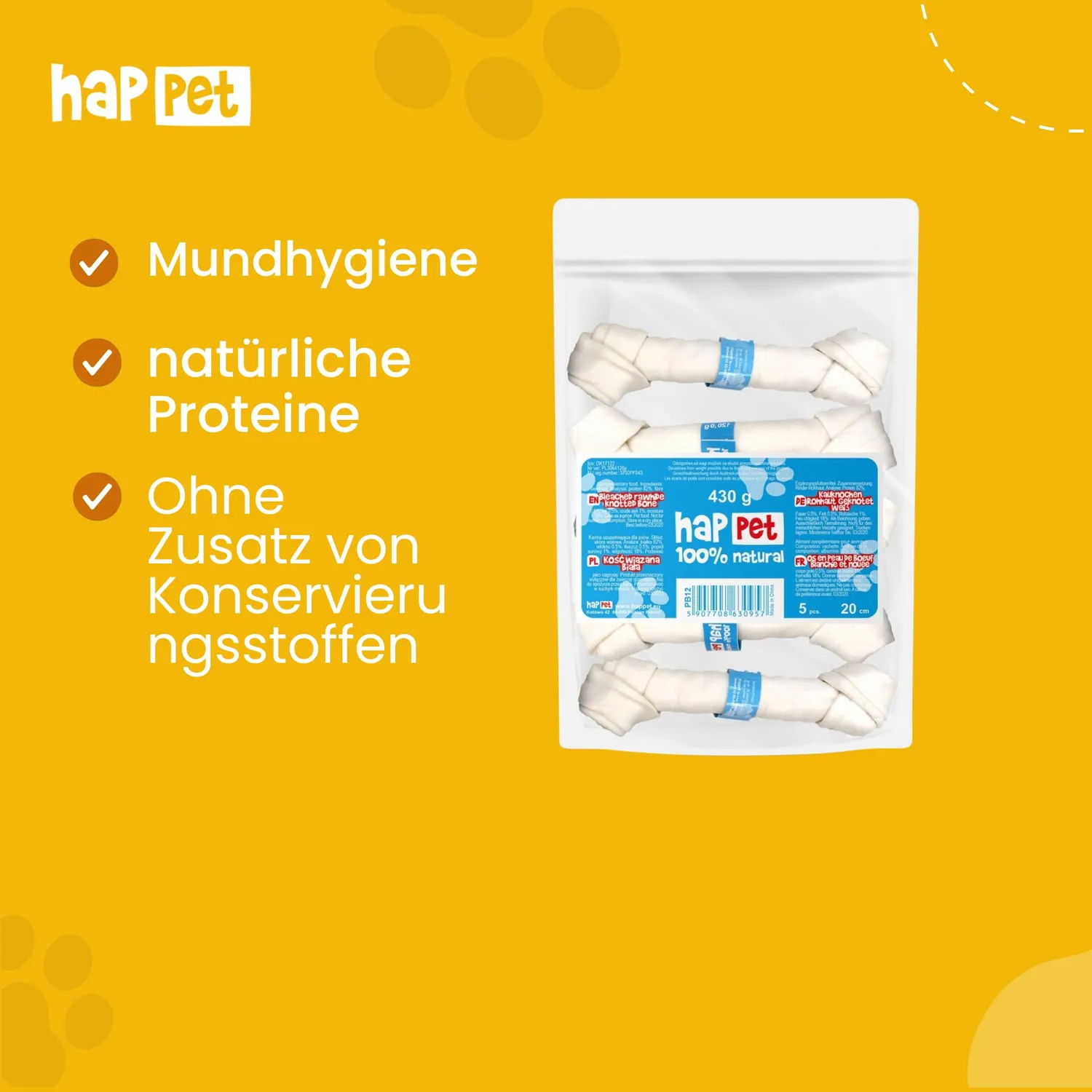 Happet Bindeknochen weiß Kauknochen 20 cm 5 Stück Rind